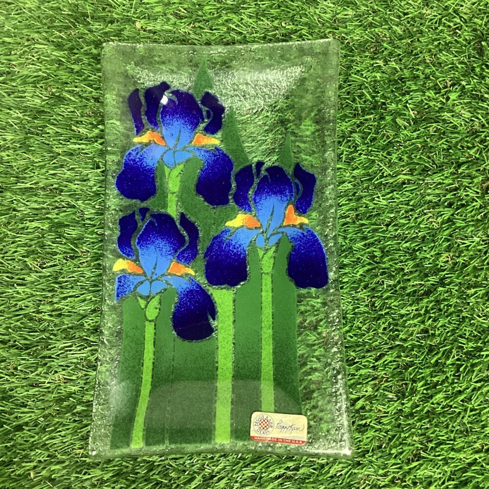 Peggy Karr Iris Tray Fused Glass 10" Vintage